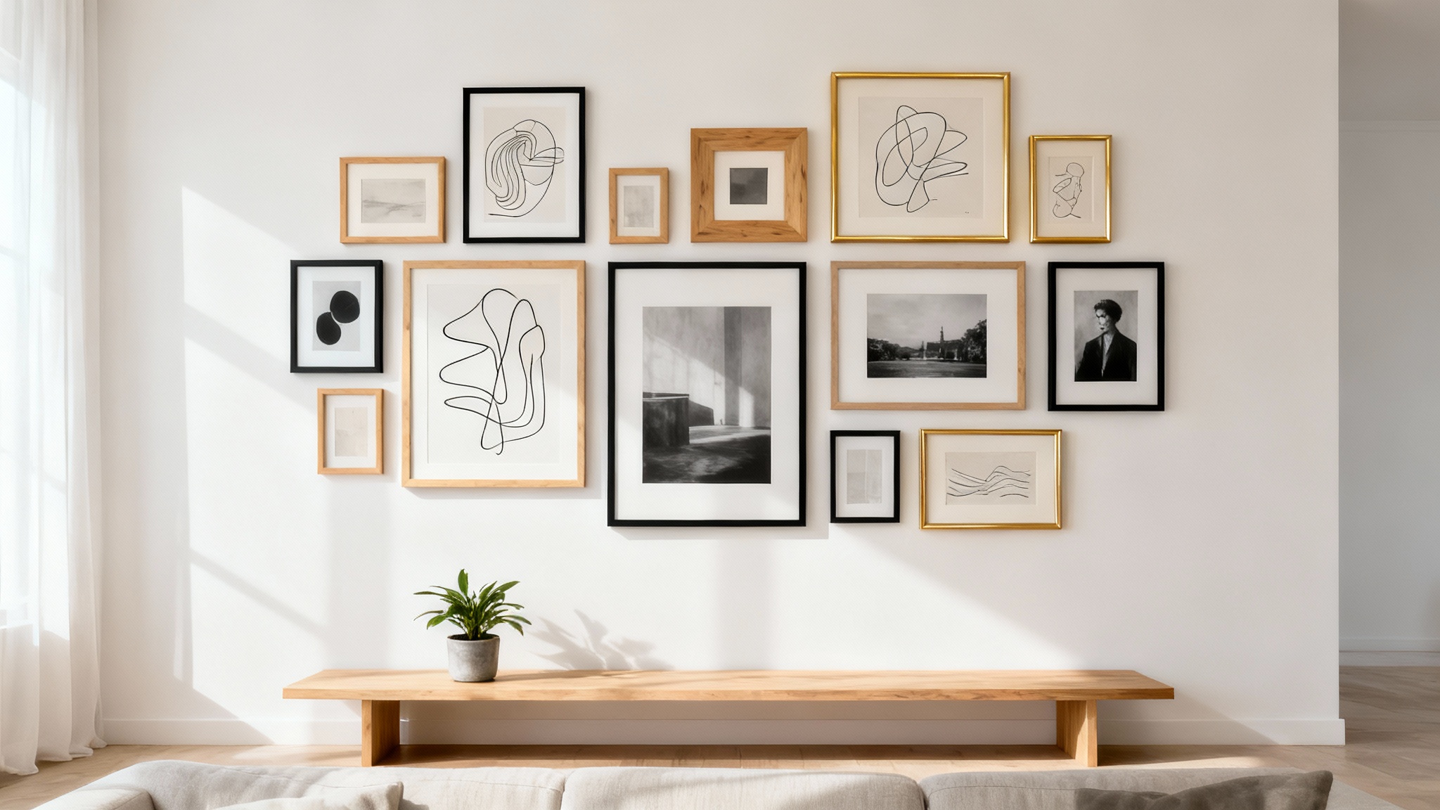 A stylish modern living room featuring a beautifully arranged gallery wall above a minimalist wooden console table.
