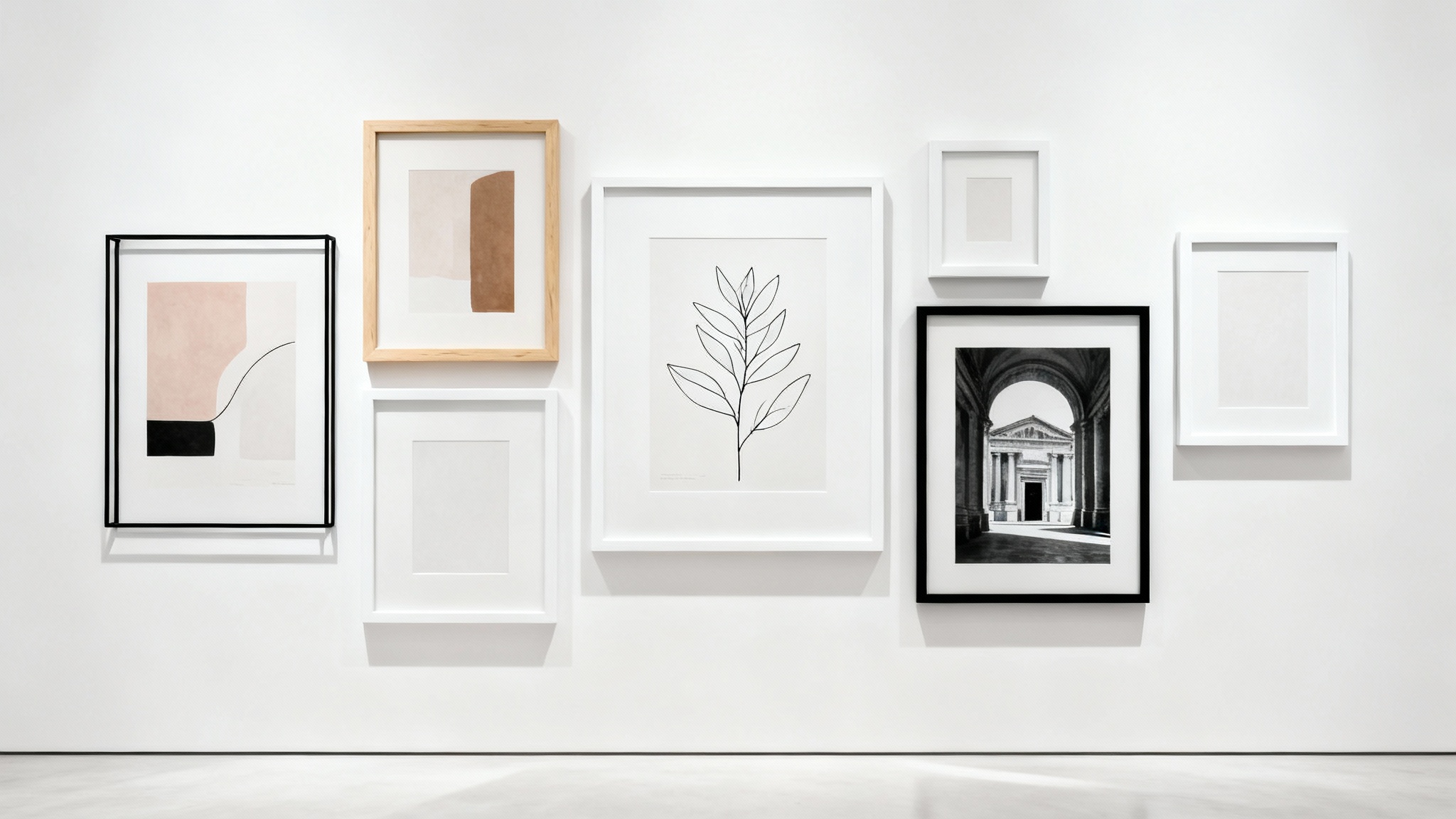 A mockup of a modern gallery wall featuring a mix of black, white, and wood frames with abstract and botanical art, displayed against a clean white background.