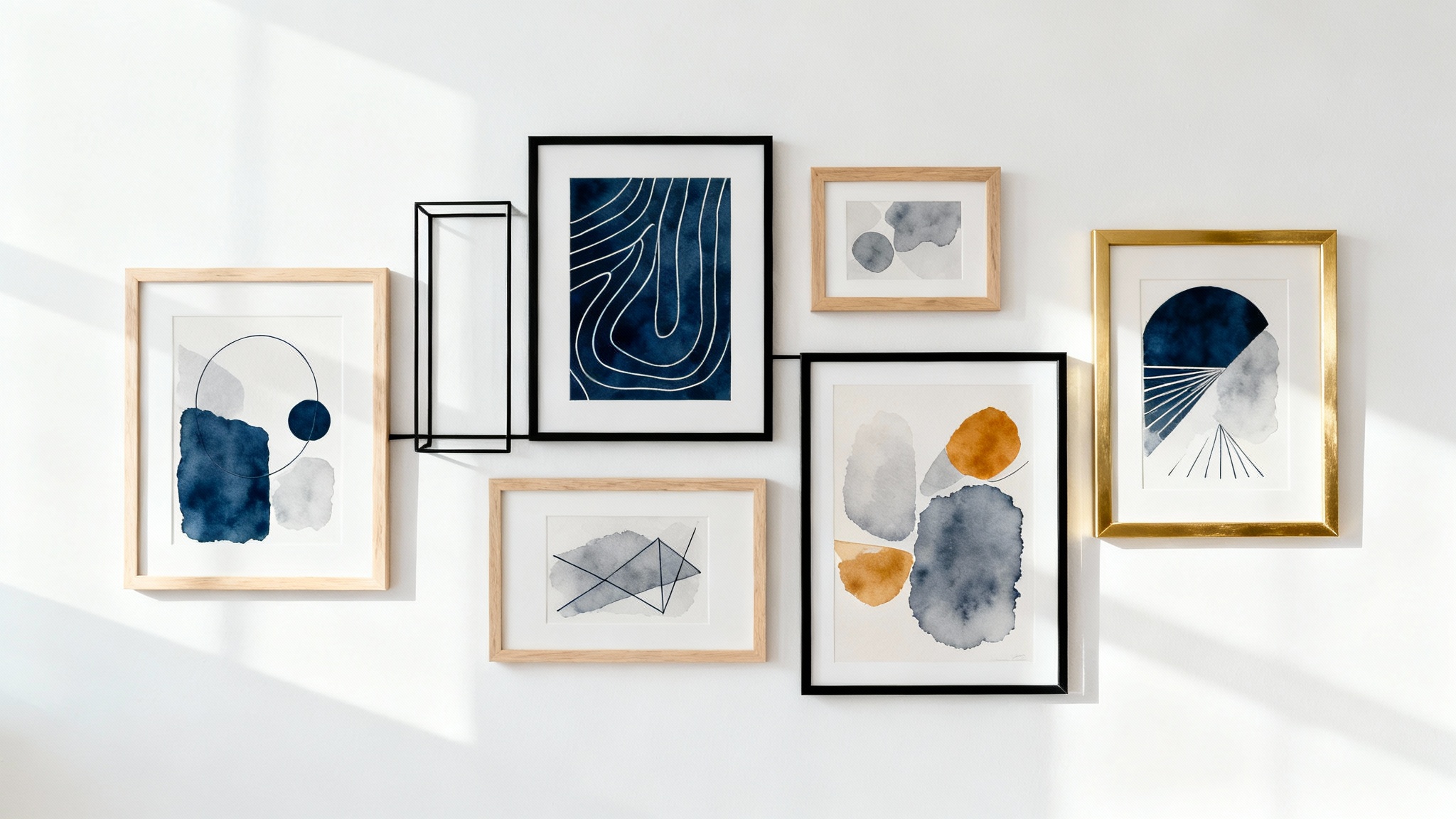 A stylishly arranged gallery wall on a white background, featuring a mix of black, wood, and gold frames holding modern abstract art in blue, gray, and ochre tones.
