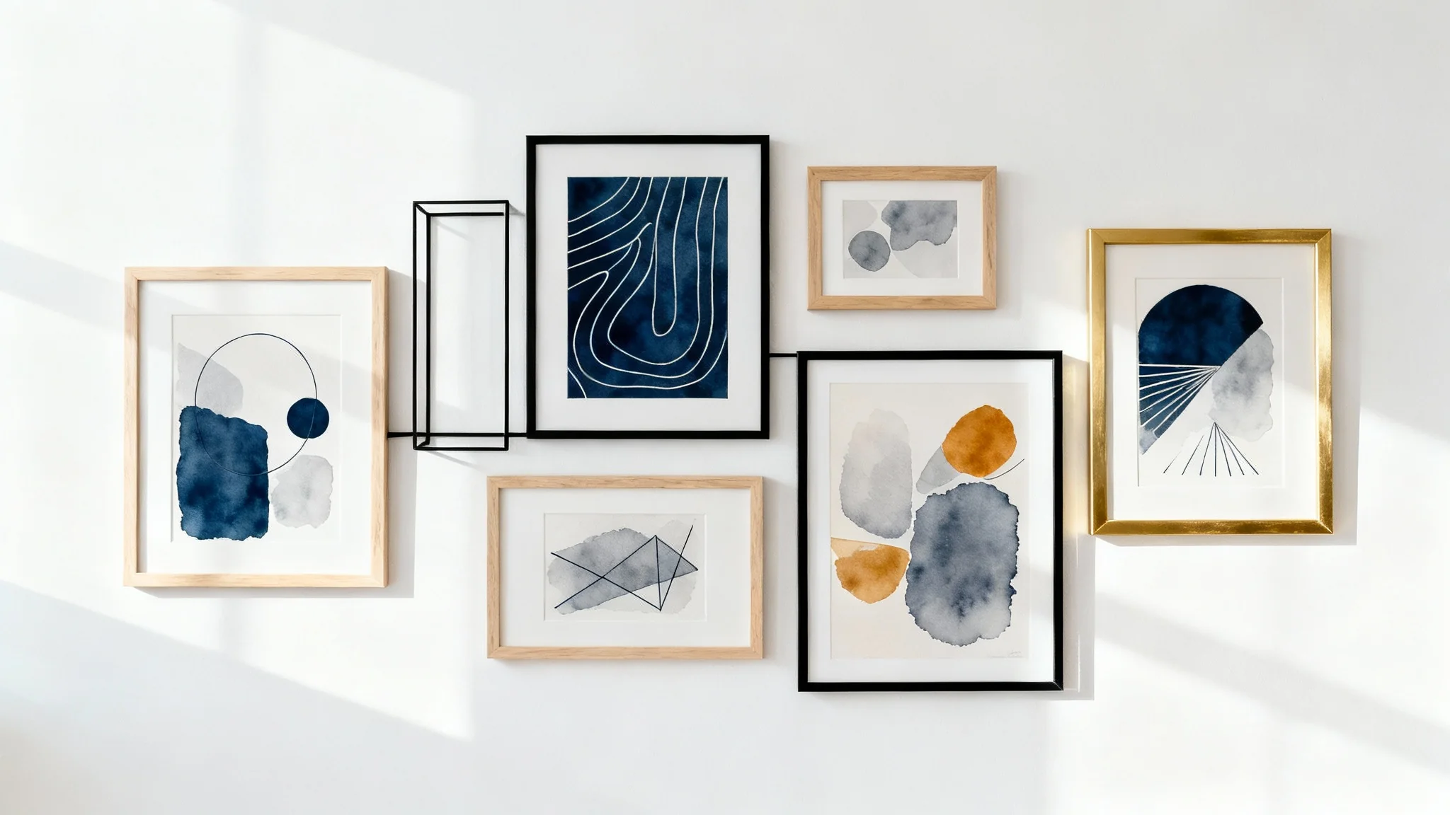 A stylishly arranged gallery wall on a white background, featuring a mix of black, wood, and gold frames holding modern abstract art in blue, gray, and ochre tones.