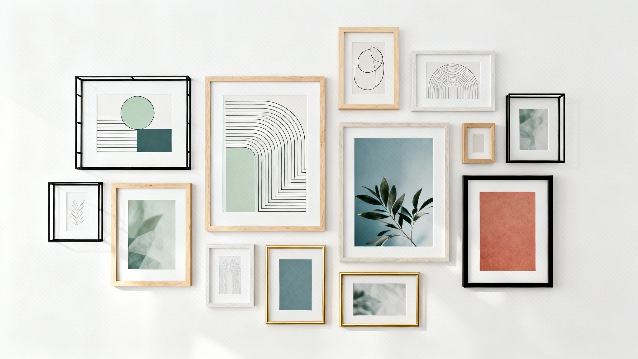 A stylishly arranged gallery wall featuring a mix of frame sizes, materials, and art styles against a plain white background.