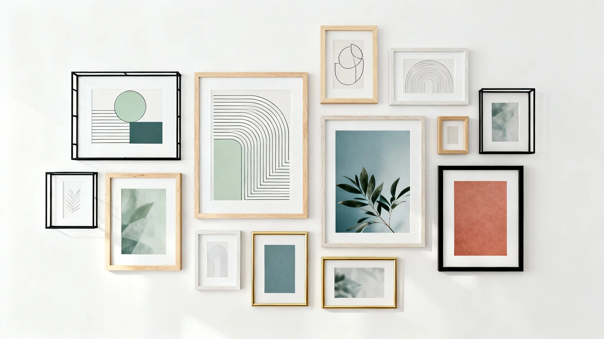 A stylishly arranged gallery wall featuring a mix of frame sizes, materials, and art styles against a plain white background.