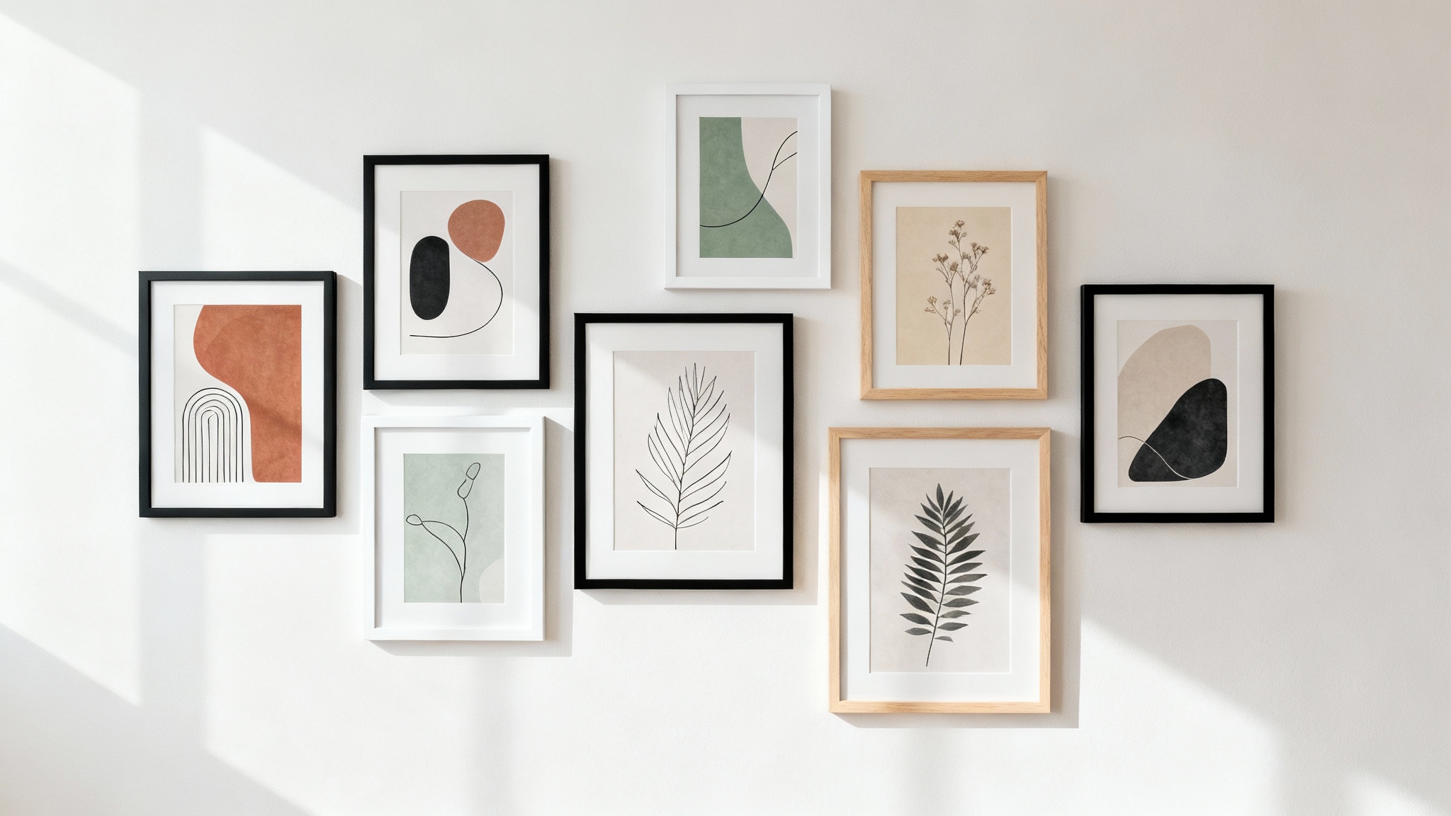 A stylish gallery wall in a minimalist room, featuring a collection of framed abstract and botanical art in various sizes against a clean, off-white background.