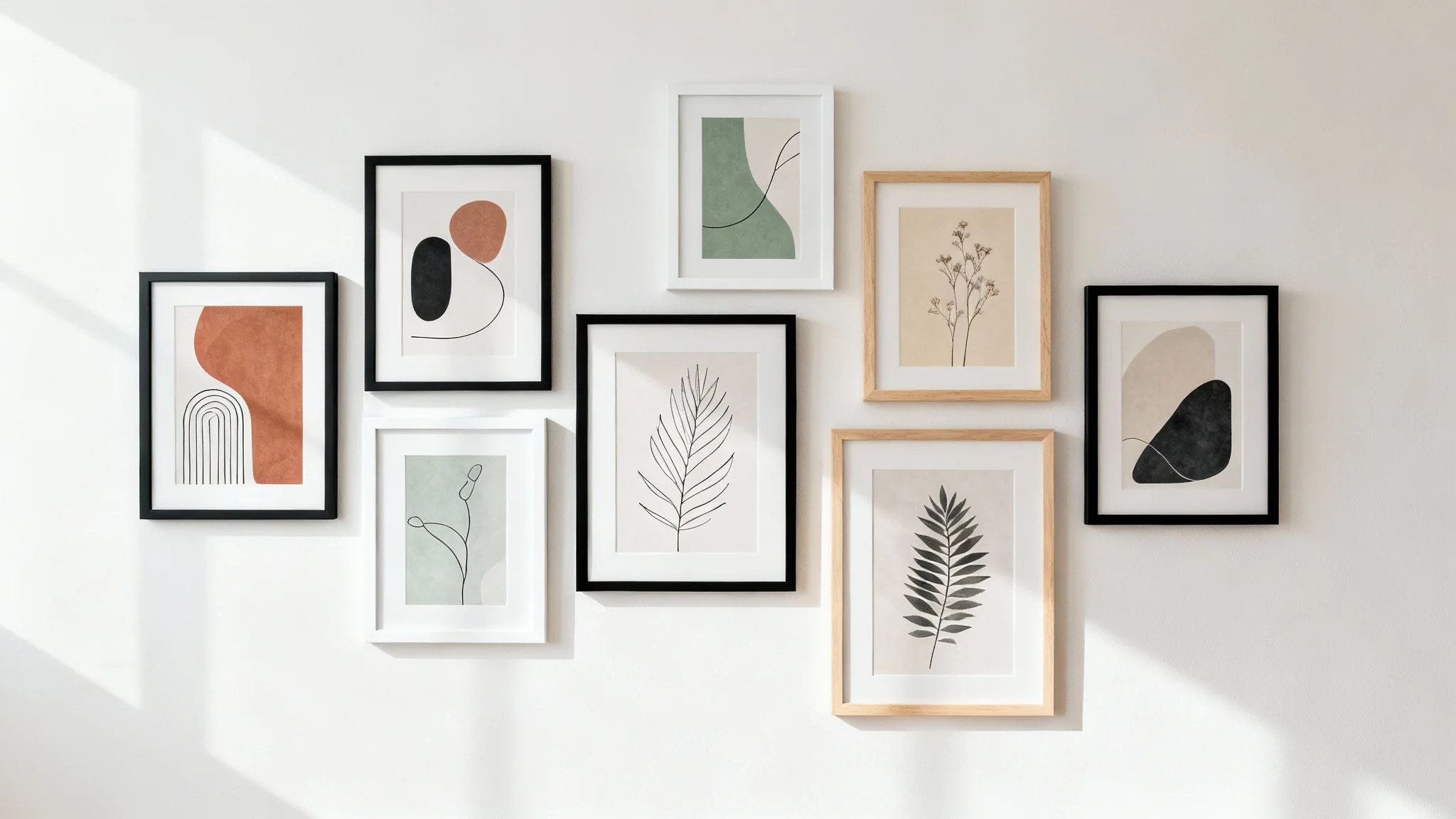 A stylish gallery wall in a minimalist room, featuring a collection of framed abstract and botanical art in various sizes against a clean, off-white background.