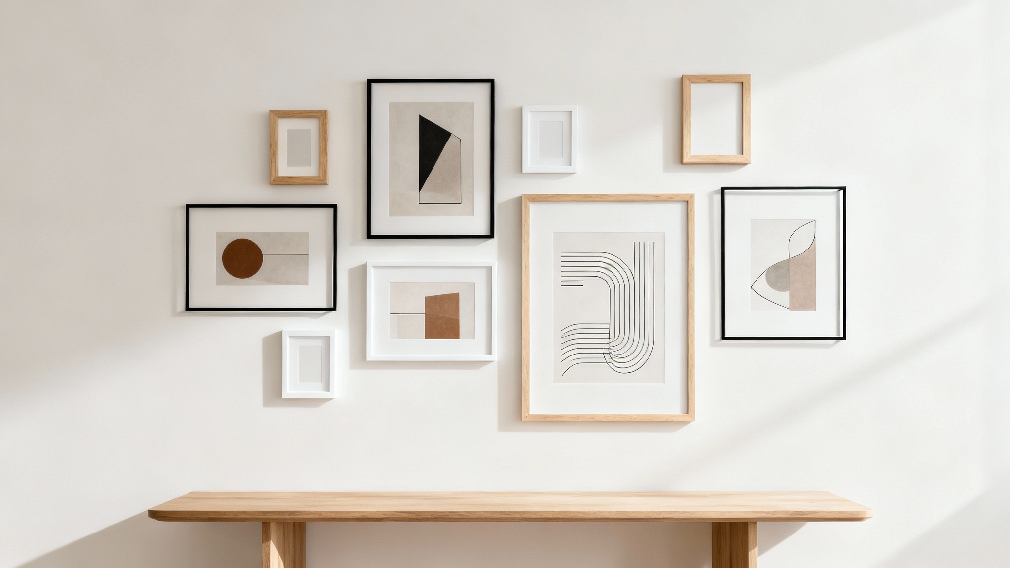 A professionally styled gallery wall featuring a mix of black, white, and wood frames with abstract art prints, arranged on a clean, light-colored wall above a console table.