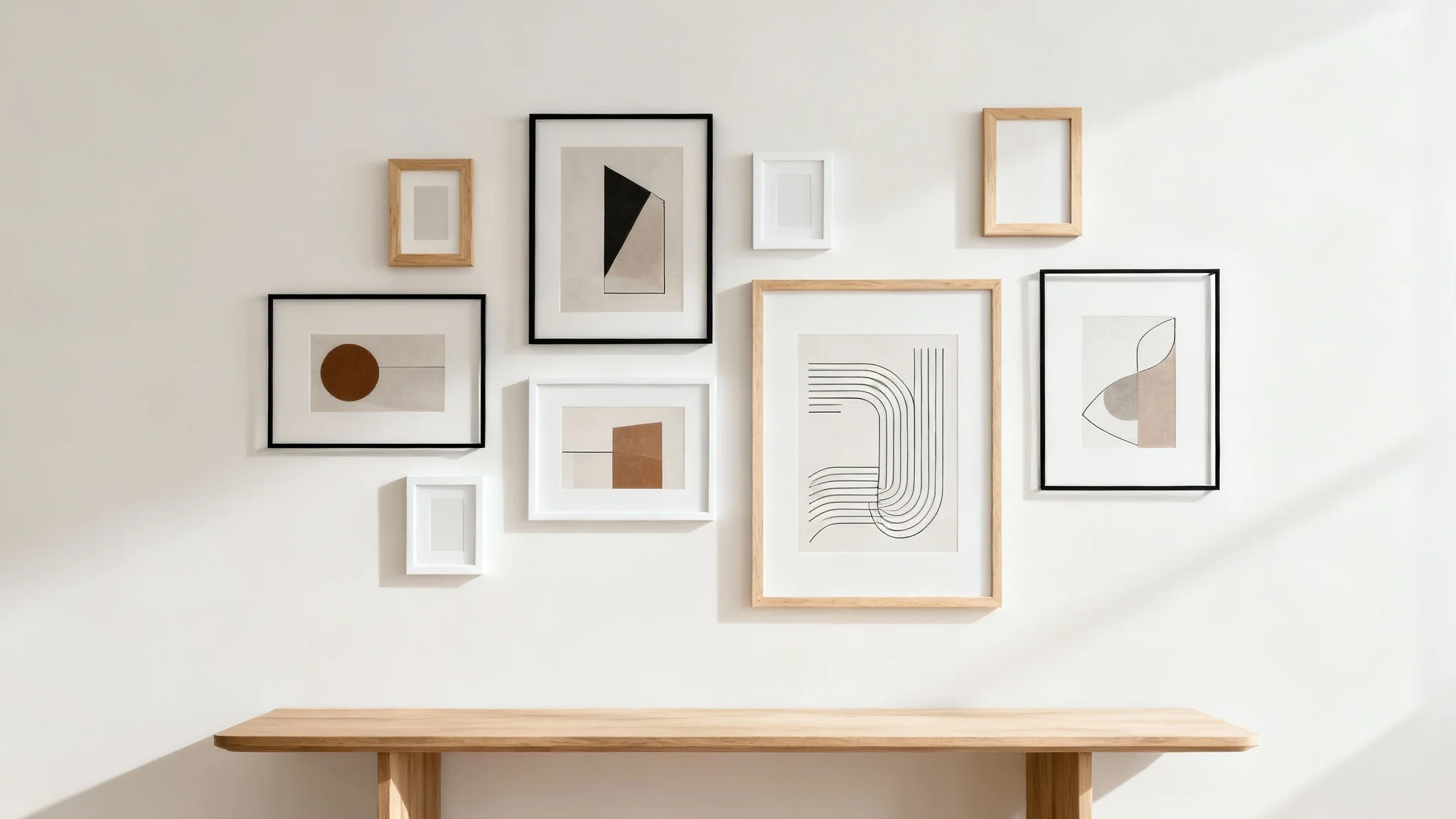 A professionally styled gallery wall featuring a mix of black, white, and wood frames with abstract art prints, arranged on a clean, light-colored wall above a console table.