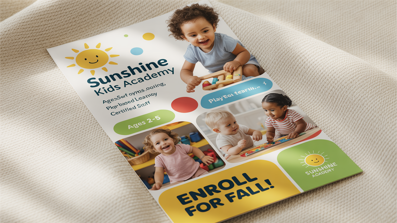 A professionally designed, final version of a daycare flyer for 'Sunshine Kids Academy', featuring happy children, a bright color scheme, and information about enrollment.