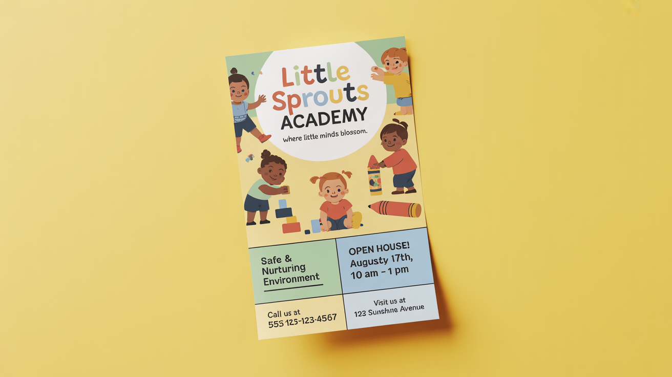 A professionally designed daycare flyer for 'Little Sprouts Academy' laid flat on a white surface. The flyer is colorful and features cute illustrations of children playing, with clear, legible text about their programs and an open house event.