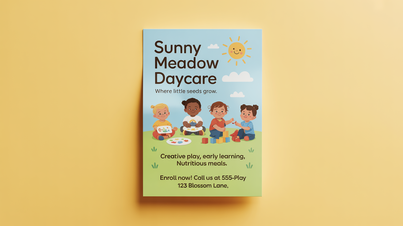 A mockup of a colorful and inviting daycare flyer for 'Sunny Meadow Daycare'. The flyer features illustrations of happy children playing and has text detailing activities and contact information, all set against a clean white background.