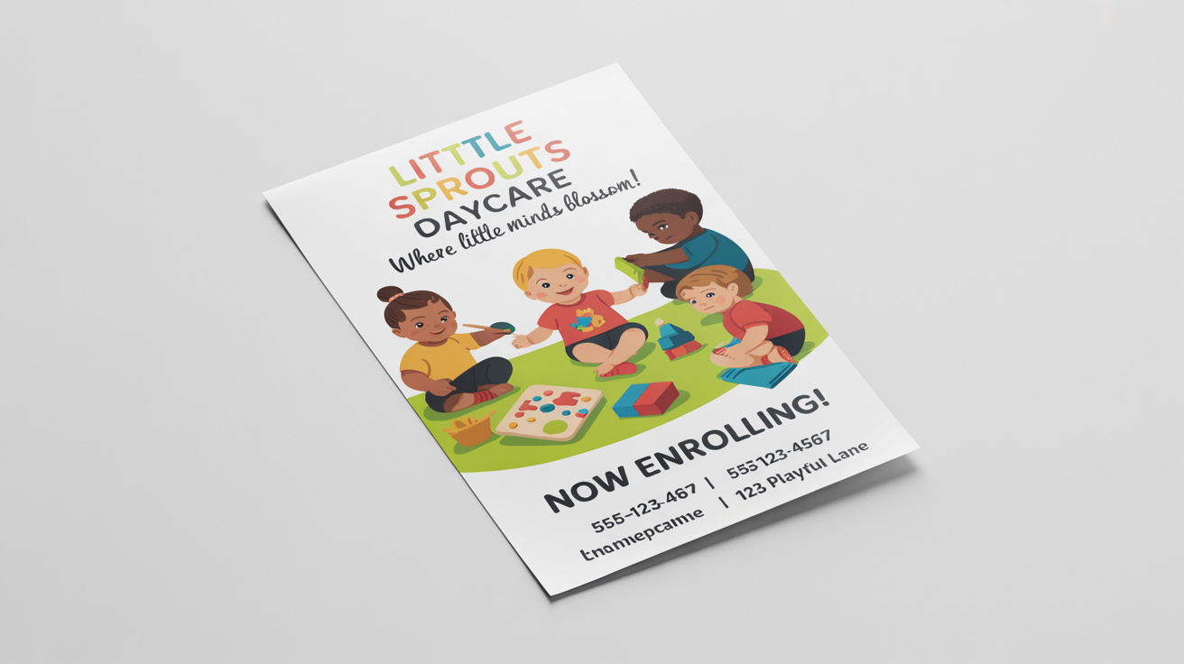 A professional mockup of a daycare flyer for 'Little Sprouts Daycare'. The flyer has a colorful, inviting design with illustrations of children playing and learning, and is displayed on a clean white background.