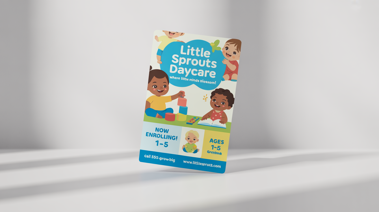 A mockup of a cheerful daycare flyer for 'Little Sprouts Daycare', featuring illustrations of happy children playing and learning, set against a plain white background.
