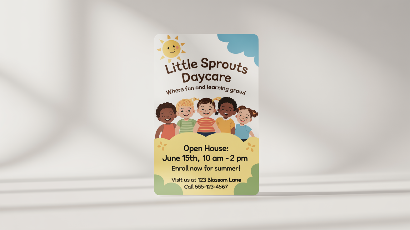 A professional and cheerful mockup of a daycare flyer for 'Little Sprouts Daycare', featuring illustrations of happy children and event details for an open house.
