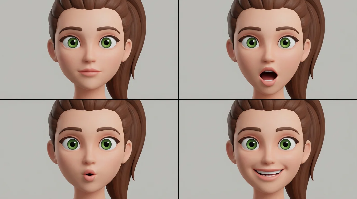 A grid of four images showing a 3D animated character's face with different mouth shapes for lip sync animation: closed mouth, open mouth, rounded lips, and smiling.