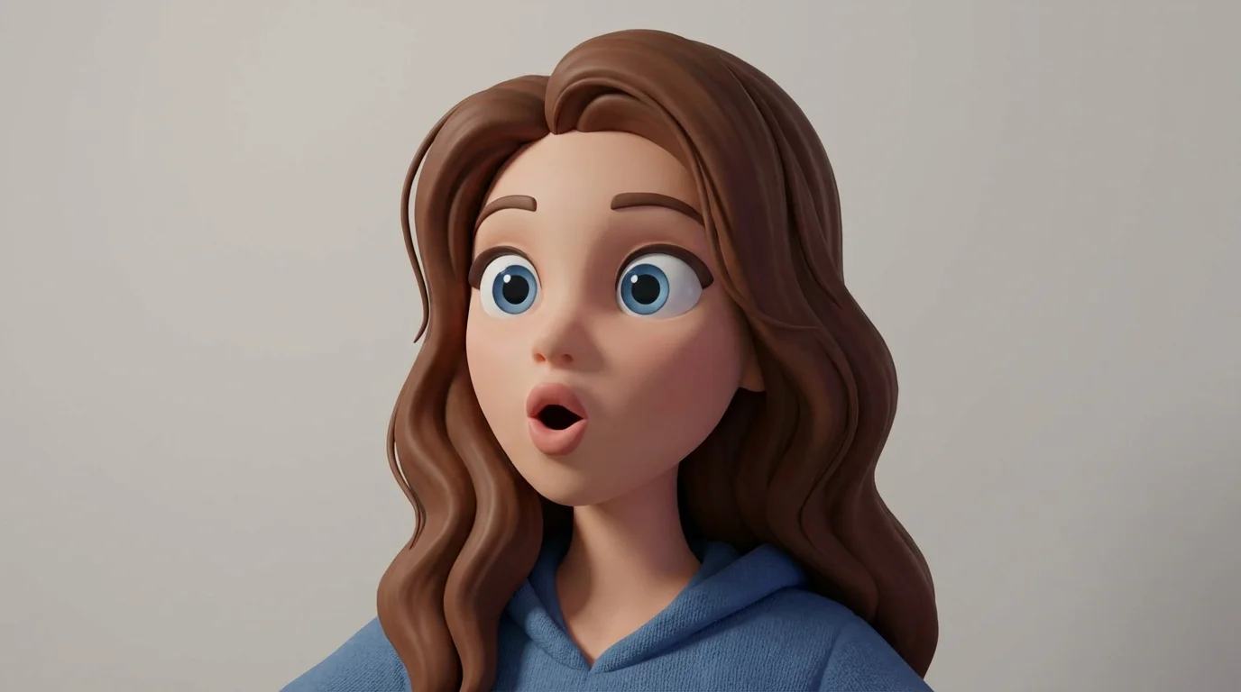 A close-up of a 3D animated woman's face. She has large blue eyes and is singing with her mouth shaped like an 'O'.