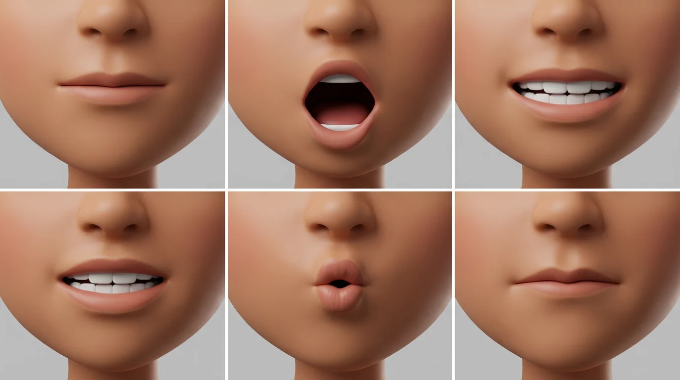 A 2 by 3 grid showing a 3D cartoon character's mouth, displaying six different phonetic shapes used for lip sync animation: neutral, O, Ee, F, Oo, and M.