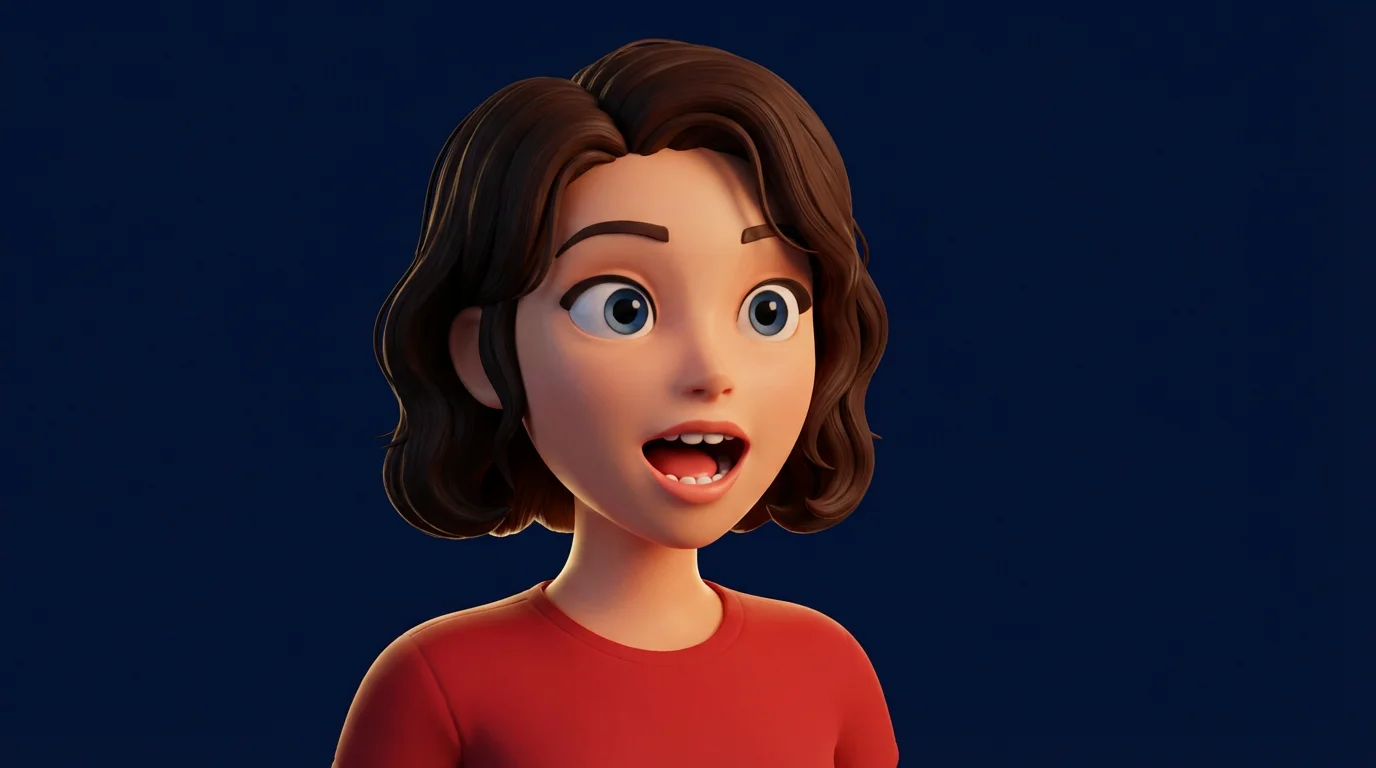 A close-up 3D render of a cartoon woman with brown hair and a red shirt, her mouth open in a perfect 'O' shape, demonstrating a keyframe from a lip-sync animation.