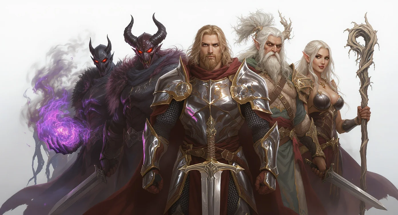 A lineup of four diverse Dungeons & Dragons characters, including a paladin, a warlock, a druid, and a rogue, shown in high-fantasy art style against a white background.