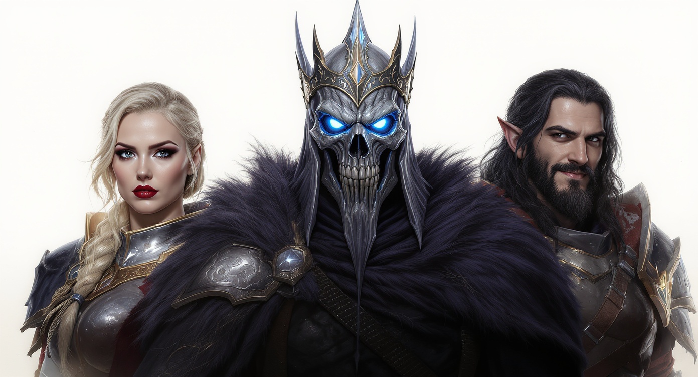 A lineup of three digital fantasy character portraits: a noble female paladin, a menacing lich king, and a smirking half-elf rogue, shown against a plain background.