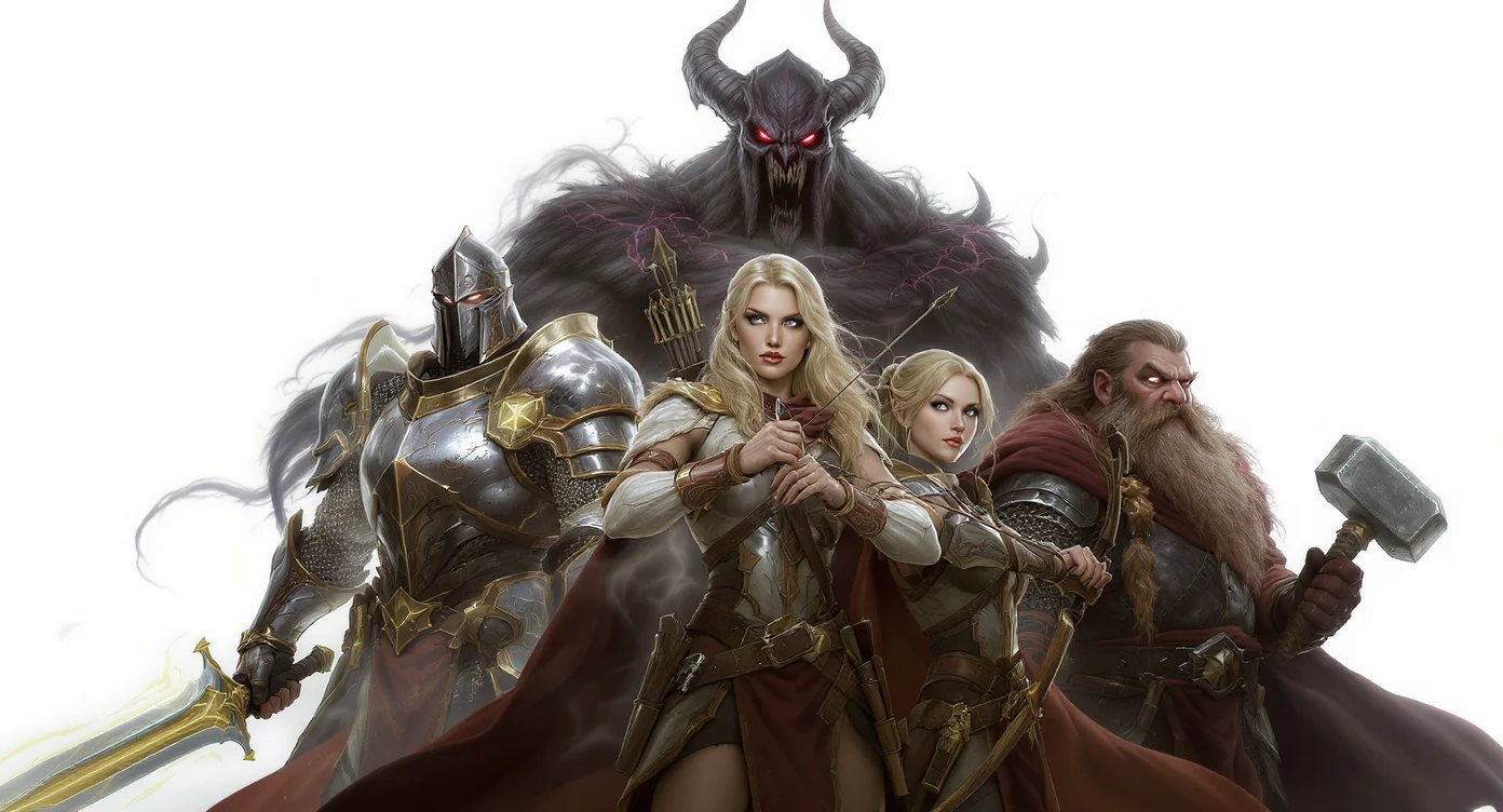 A hyper-realistic digital illustration of a diverse Dungeons and Dragons party, featuring a paladin, an elf ranger, and a dwarf cleric, preparing for battle against a menacing tiefling warlock on a plain white background.