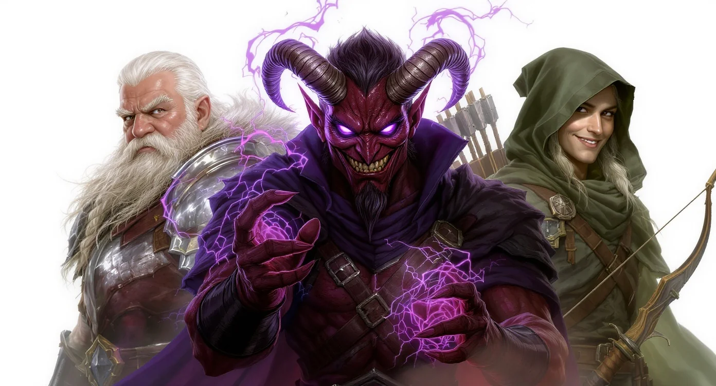 A collage of three Dungeons & Dragons character portraits: a menacing tiefling warlock, a stoic dwarf paladin, and a cunning wood elf ranger, in a fantasy art style.