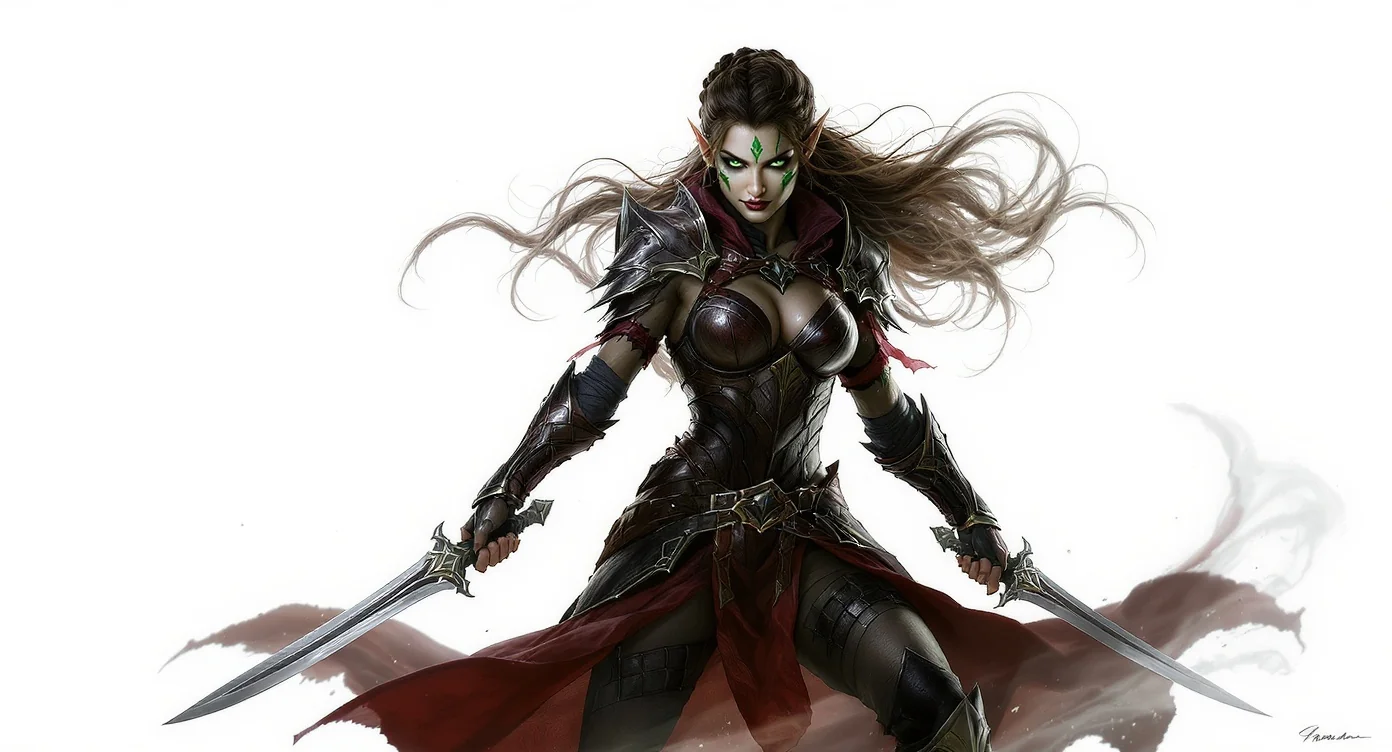 A full-body digital painting of a female wood elf assassin in dark leather armor, holding two daggers in a combat stance against a solid white background.