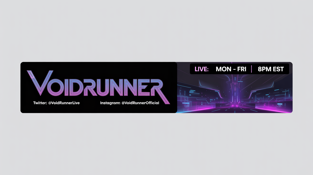 A futuristic cyberpunk-themed Kick stream banner for a streamer named 'VOIDRUNNER', featuring neon blue and magenta text and a city background, presented as a mockup on a white background.