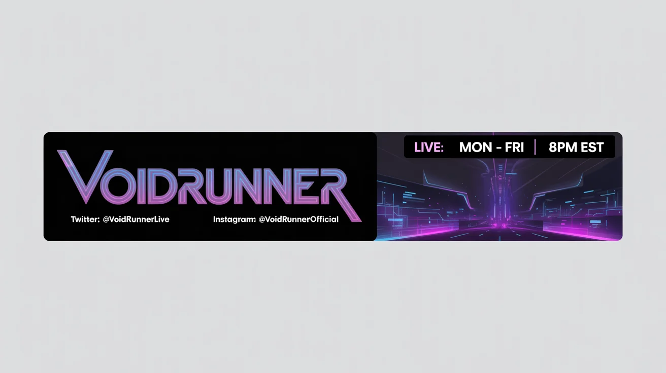 A futuristic cyberpunk-themed Kick stream banner for a streamer named 'VOIDRUNNER', featuring neon blue and magenta text and a city background, presented as a mockup on a white background.