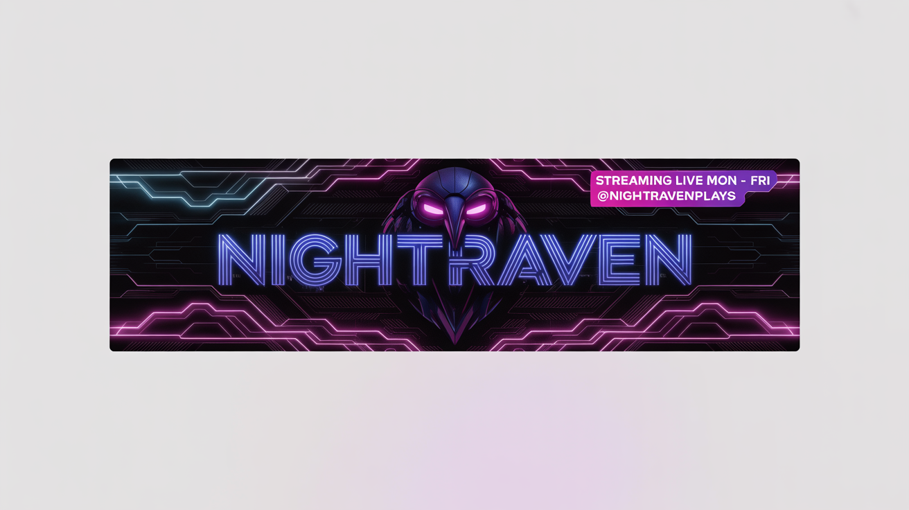 A futuristic, cyberpunk-style Kick stream banner mockup featuring the name 'NIGHTRAVEN' in glowing blue neon text against a dark background with pink and purple geometric patterns.
