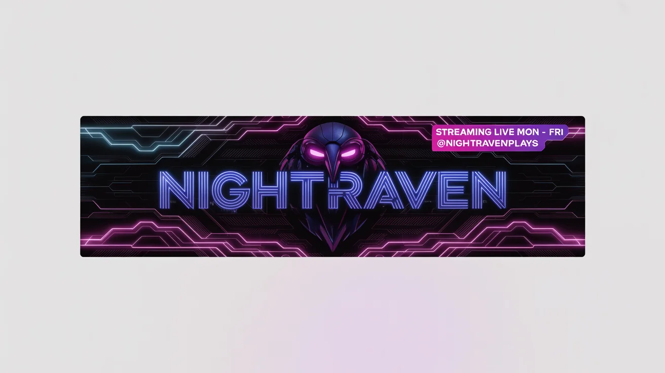 A futuristic, cyberpunk-style Kick stream banner mockup featuring the name 'NIGHTRAVEN' in glowing blue neon text against a dark background with pink and purple geometric patterns.