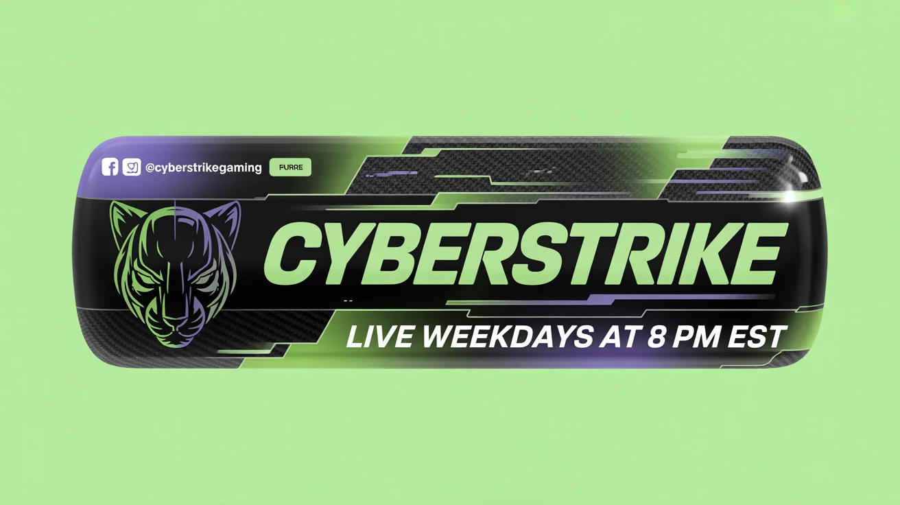 A mockup of a Kick stream banner for a gamer named 'CYBERSTRIKE', featuring a futuristic green and purple design with a robotic panther logo, all on a plain white background.