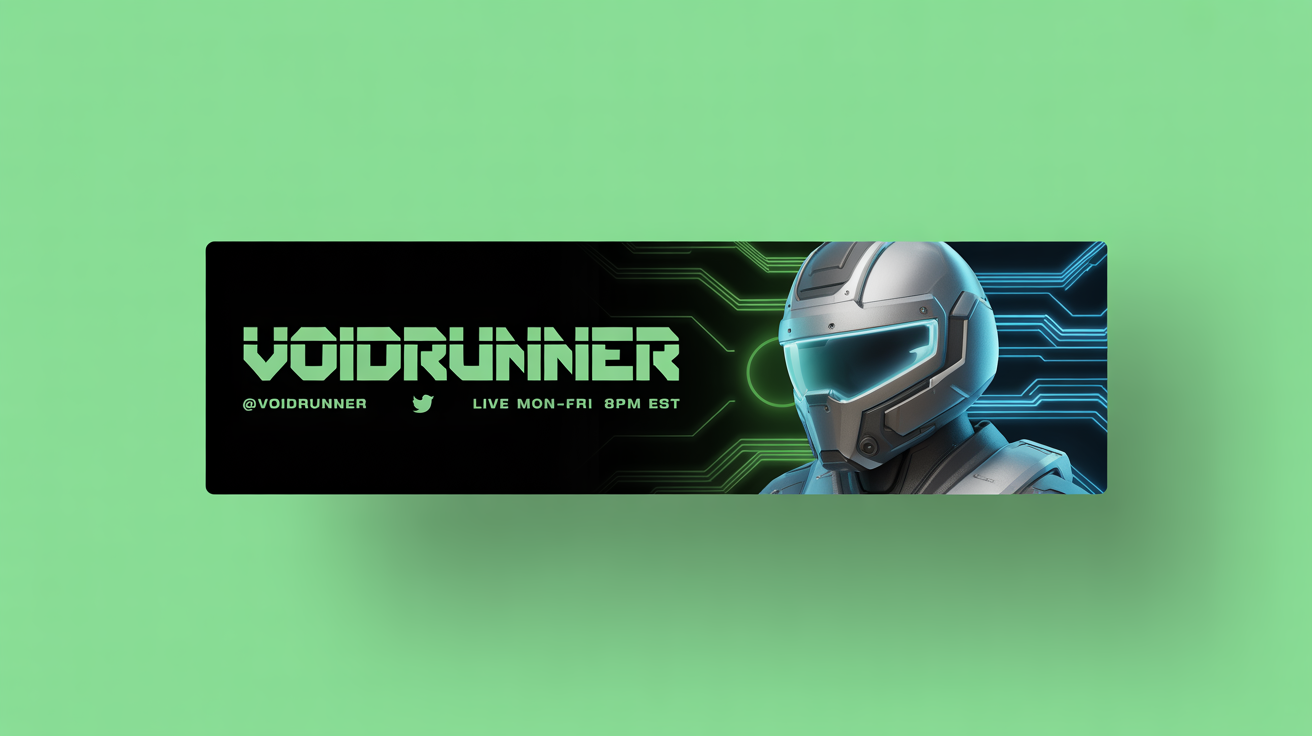 A mockup of a Kick stream banner for a streamer named 'VOIDRUNNER'. The banner has a futuristic design with neon green and blue colors, a sci-fi helmet illustration, and is shown on a plain white background.