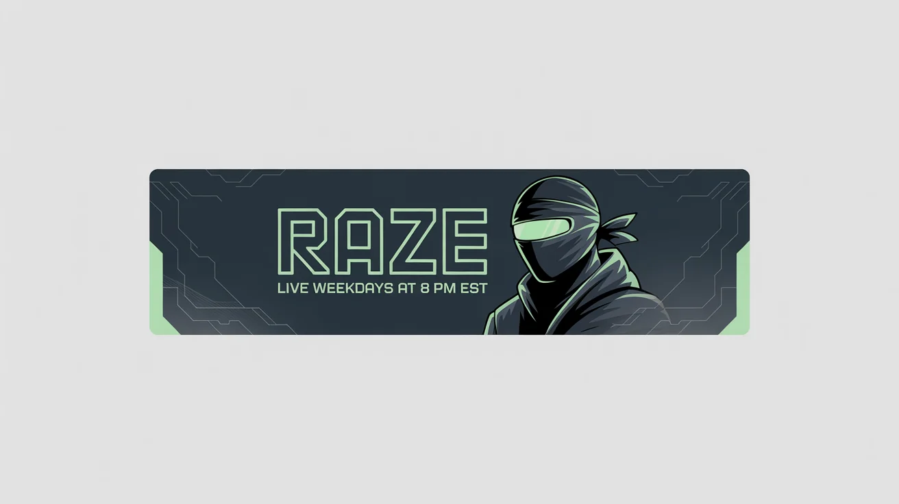 A mockup of a futuristic Kick stream banner for a streamer named 'RAZE'. The banner features a cybernetic ninja mascot and neon green text against a dark, high-tech background, all presented on a clean white surface.