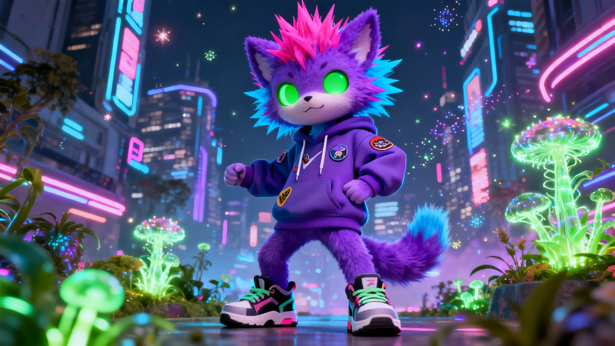 A fully customized VRChat avatar with purple fur and neon hair stands confidently in a vibrant, futuristic virtual world, surrounded by glowing lights and other avatars.