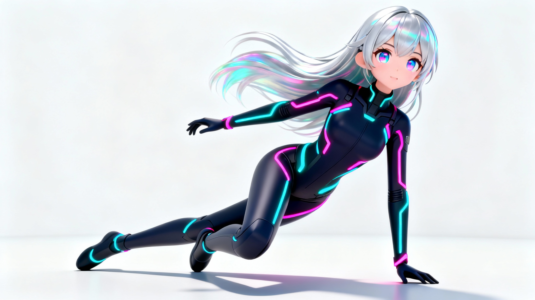 A full-body view of a futuristic anime-style VRChat avatar with iridescent hair and a glowing cyberpunk outfit, posing against a plain white background.