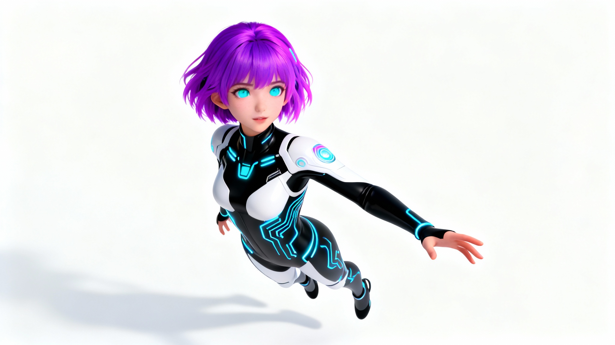 A full-body 3D render of a futuristic anime-style VRChat avatar with glowing purple hair and a black and white cyberpunk suit, floating against a clean white background.