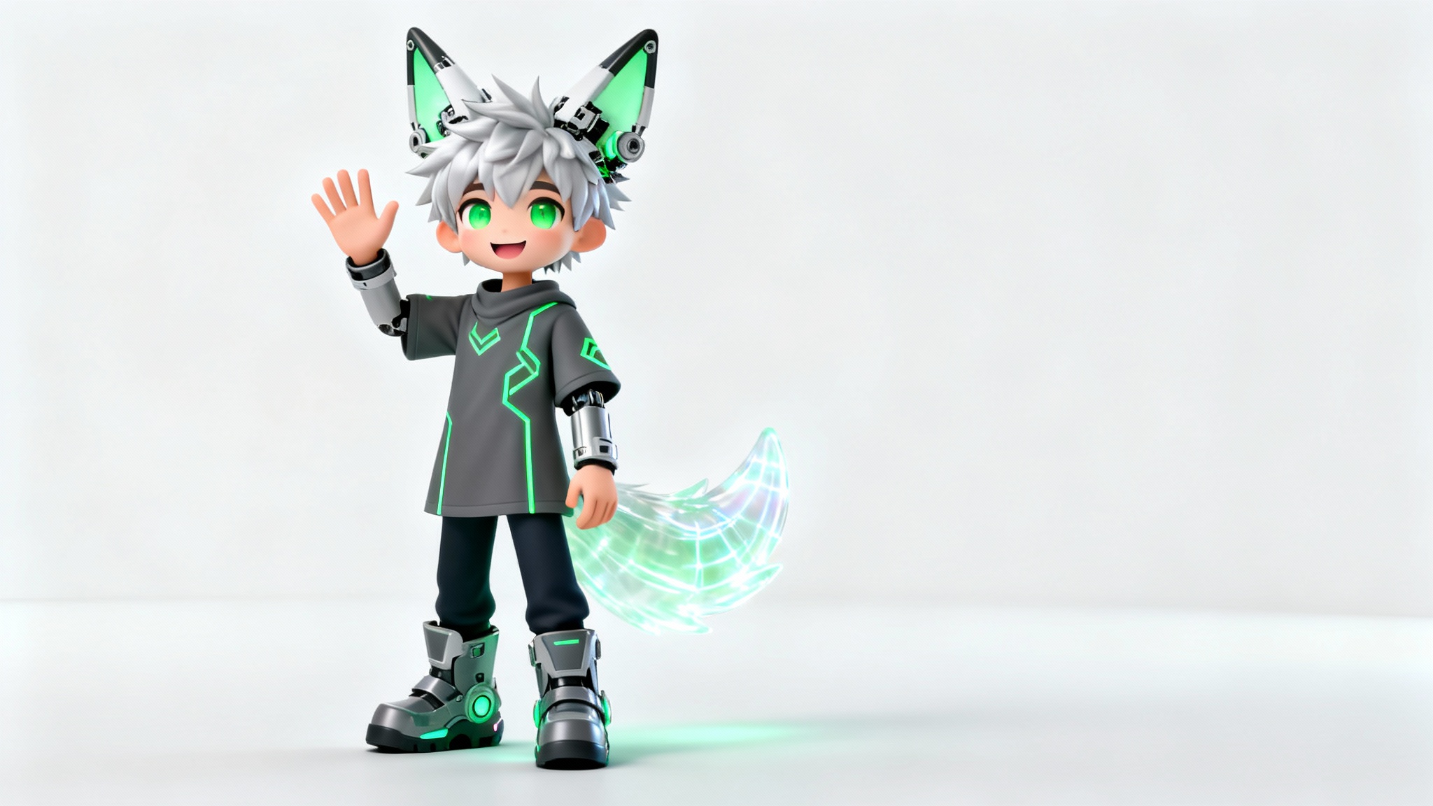 A full-body 3D render of a male fantasy-tech VRChat avatar with silver hair, glowing green eyes, and mechanical fox ears, waving against a plain white background.