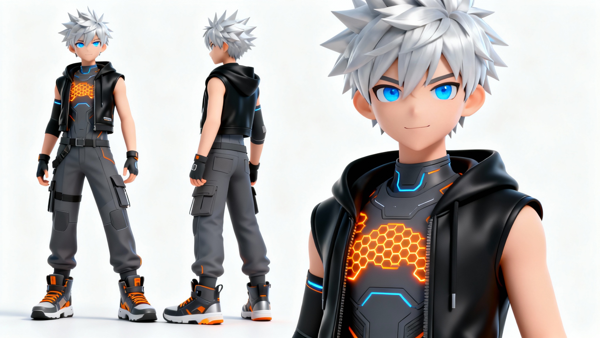 A high-quality 3D render of a male anime-style VRChat avatar with silver hair and a futuristic tech-wear outfit, posing against a solid white background.