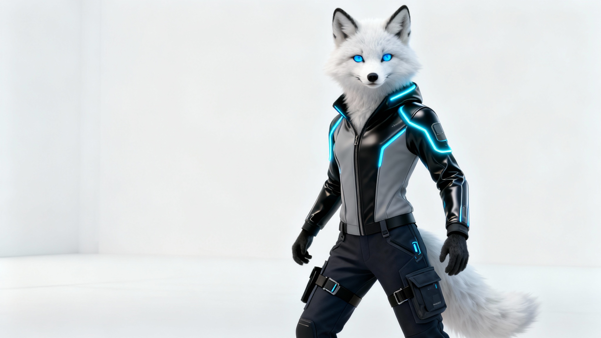 A photorealistic 3D render of a futuristic anthropomorphic arctic fox VRChat avatar with glowing blue eyes, wearing a cyberpunk jacket on a clean white background.
