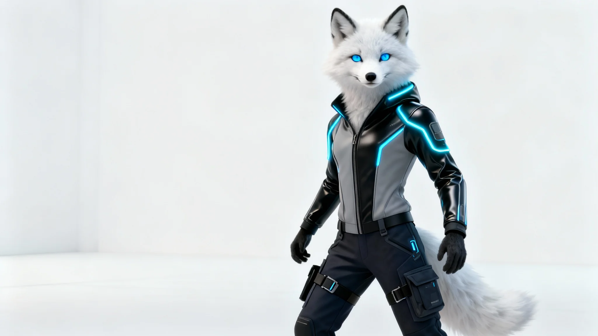 A photorealistic 3D render of a futuristic anthropomorphic arctic fox VRChat avatar with glowing blue eyes, wearing a cyberpunk jacket on a clean white background.