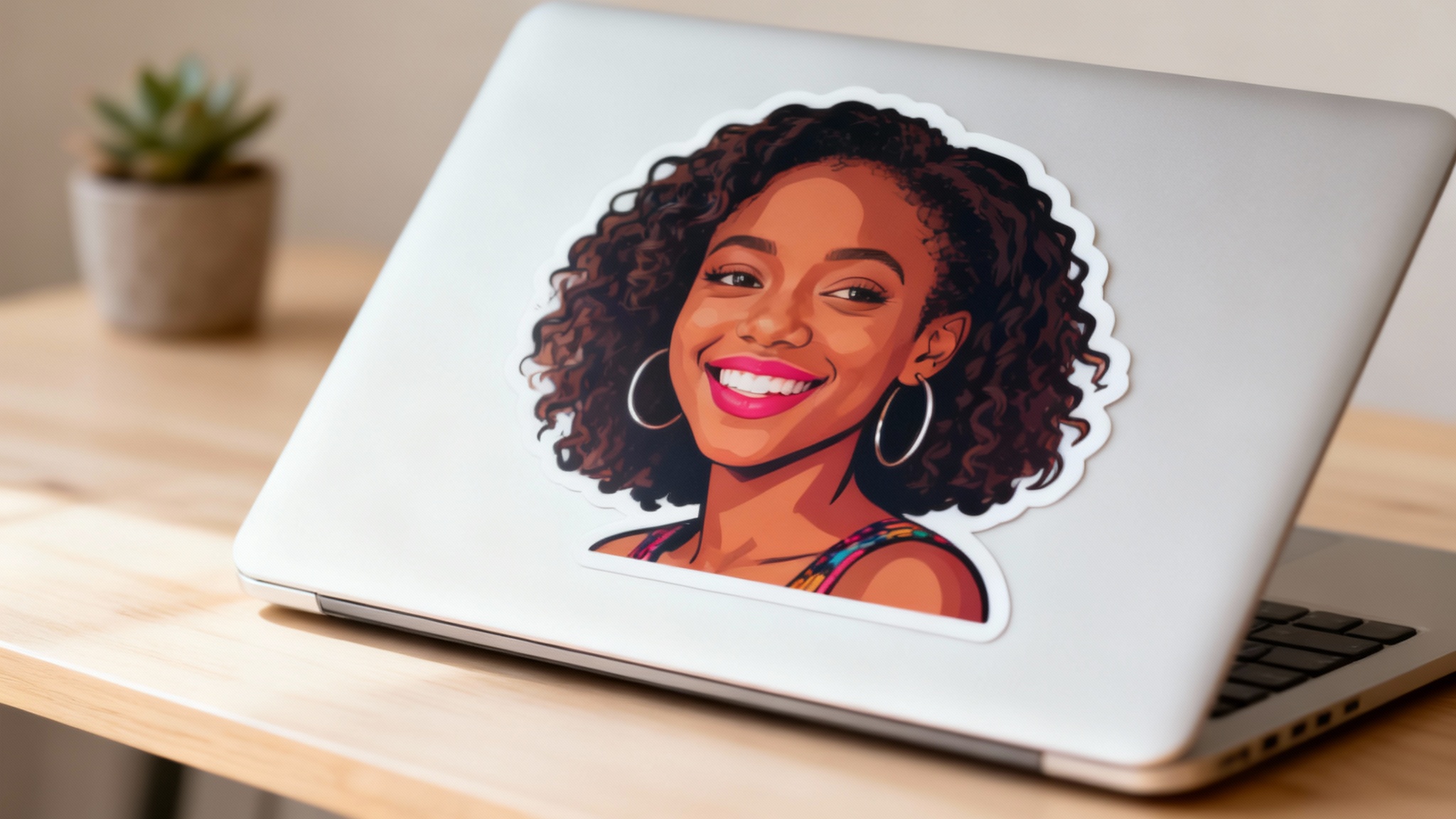 A custom die-cut sticker of a smiling young Black woman with curly hair, shown applied to the corner of a sleek silver laptop on a wooden desk.