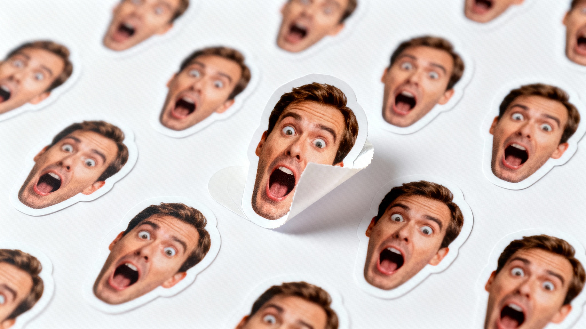 A sheet of custom die-cut stickers featuring a man's surprised face, displayed on a clean white background in a product mockup style.