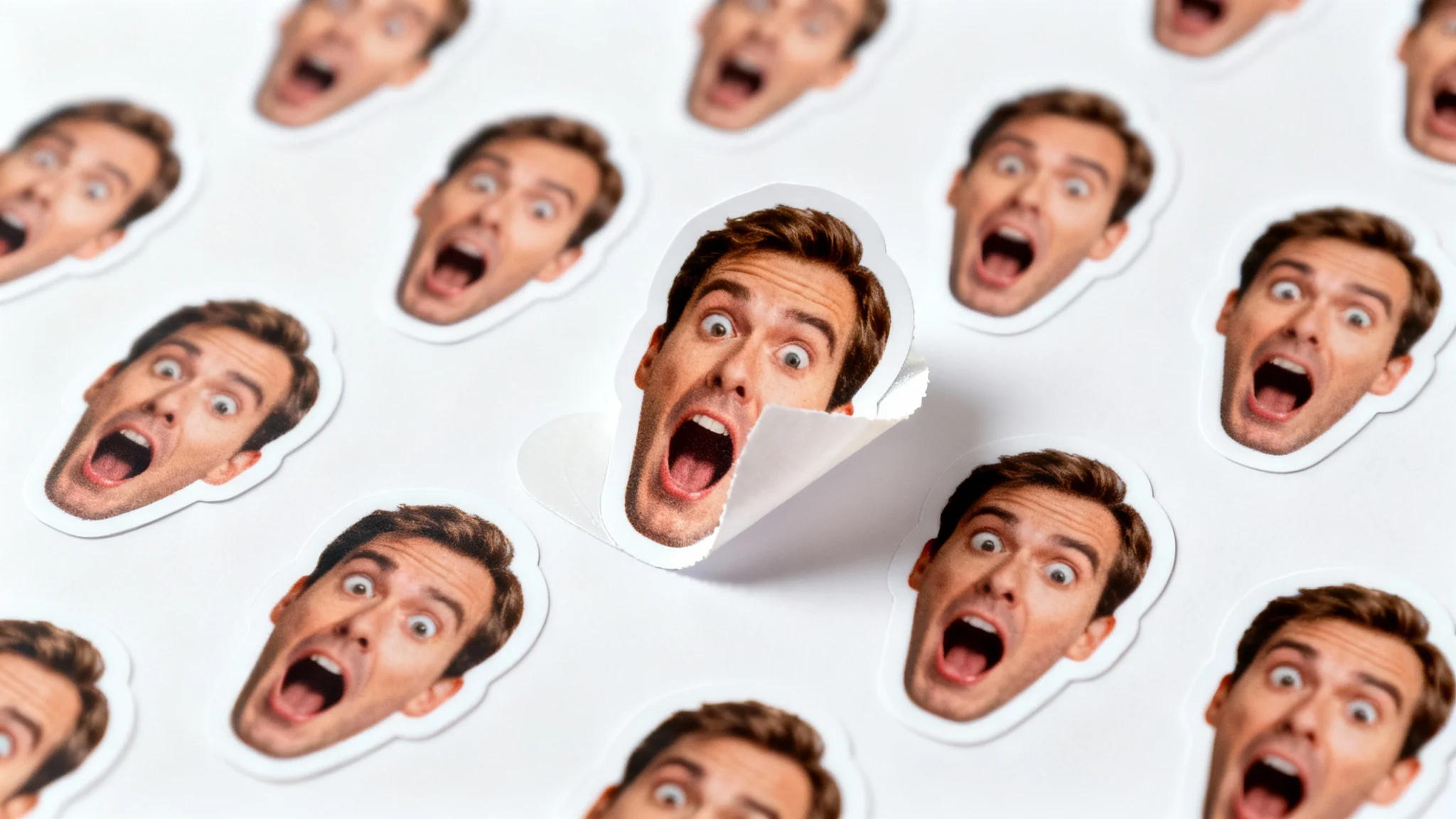 A sheet of custom die-cut stickers featuring a man's surprised face, displayed on a clean white background in a product mockup style.