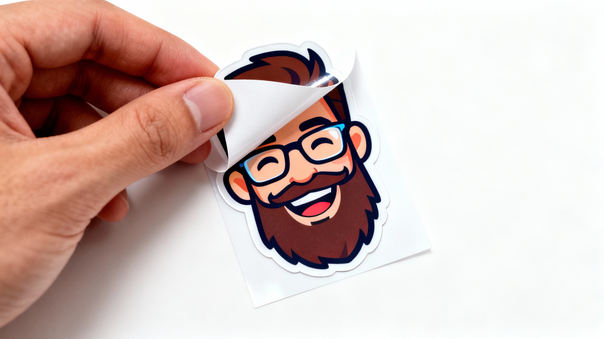 A hand peeling a custom cartoon-style face sticker of a man with a beard and glasses off its backing sheet, set against a clean white background.