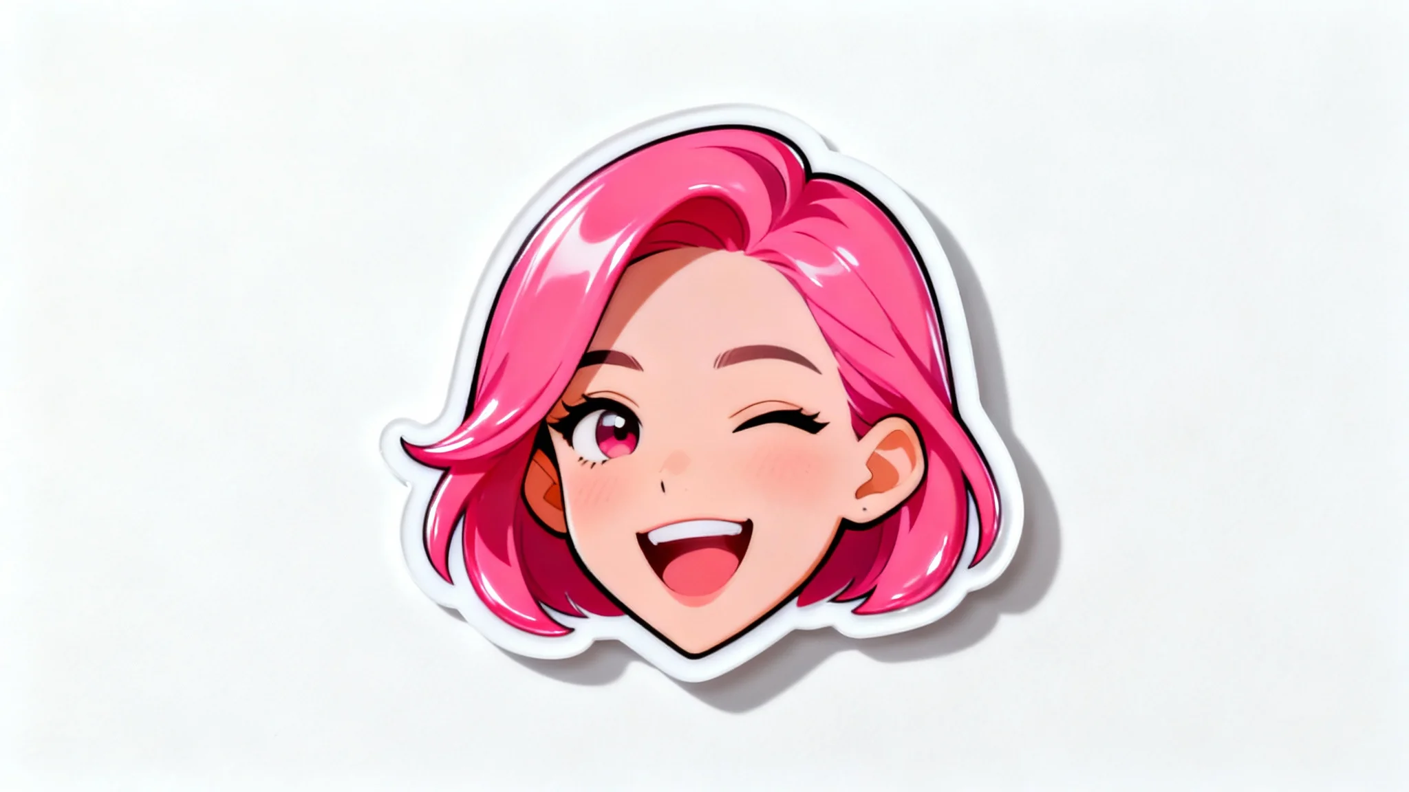 A glossy die-cut sticker featuring a fun caricature of a winking woman with pink hair, presented as a product mockup on a plain white background.