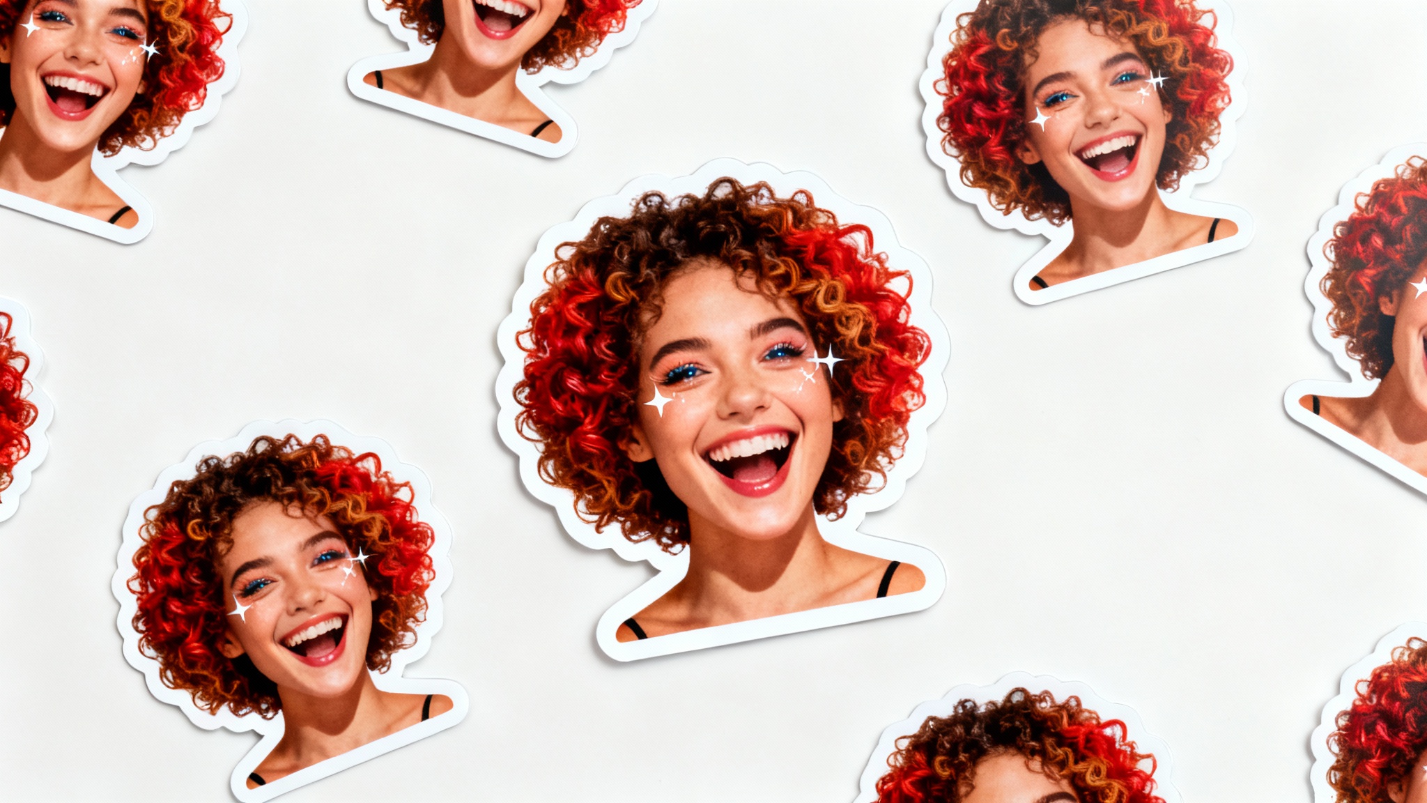 A flat lay of several custom die-cut face stickers showing a smiling woman's face, arranged on a plain white background.