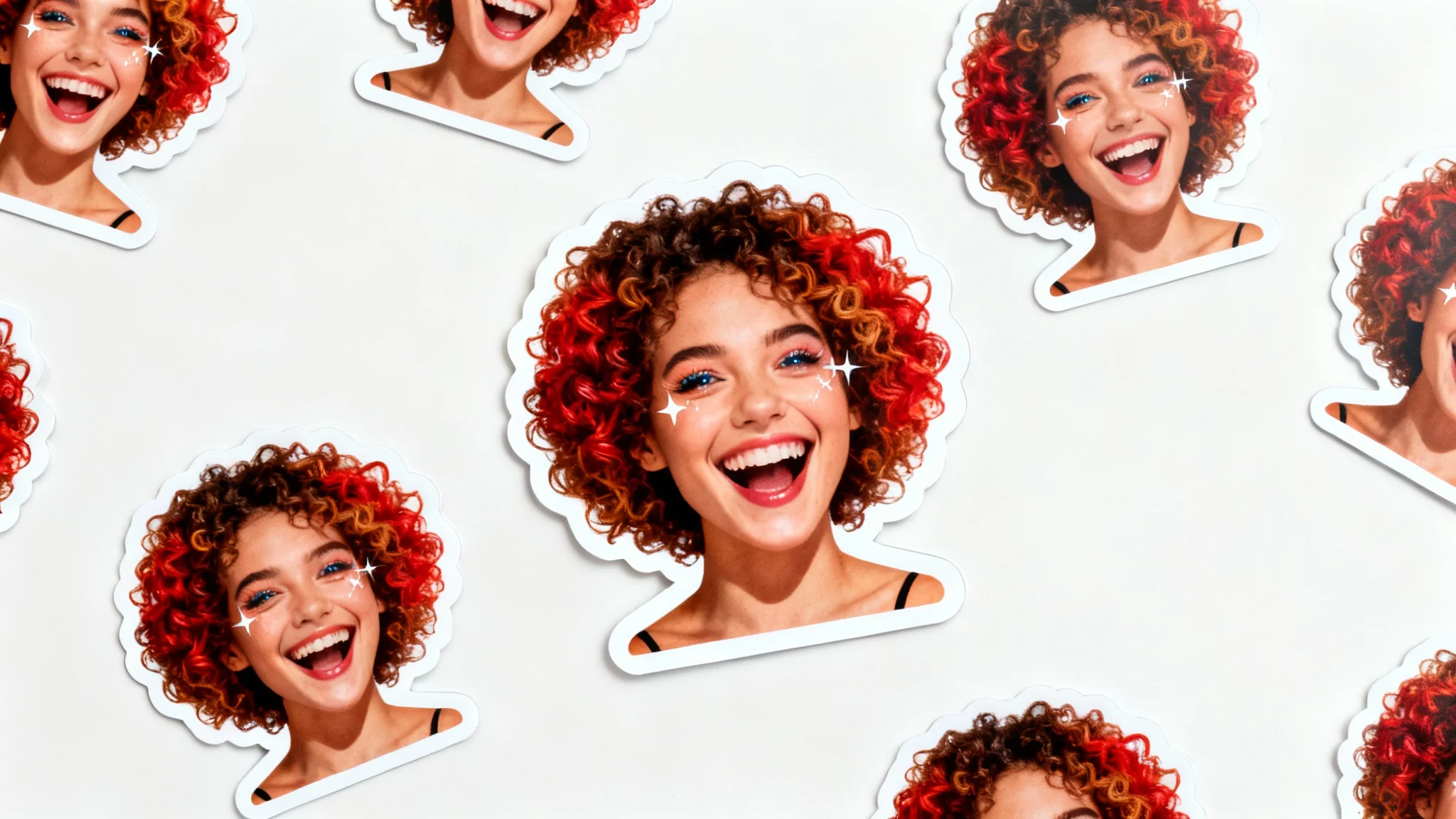A flat lay of several custom die-cut face stickers showing a smiling woman's face, arranged on a plain white background.