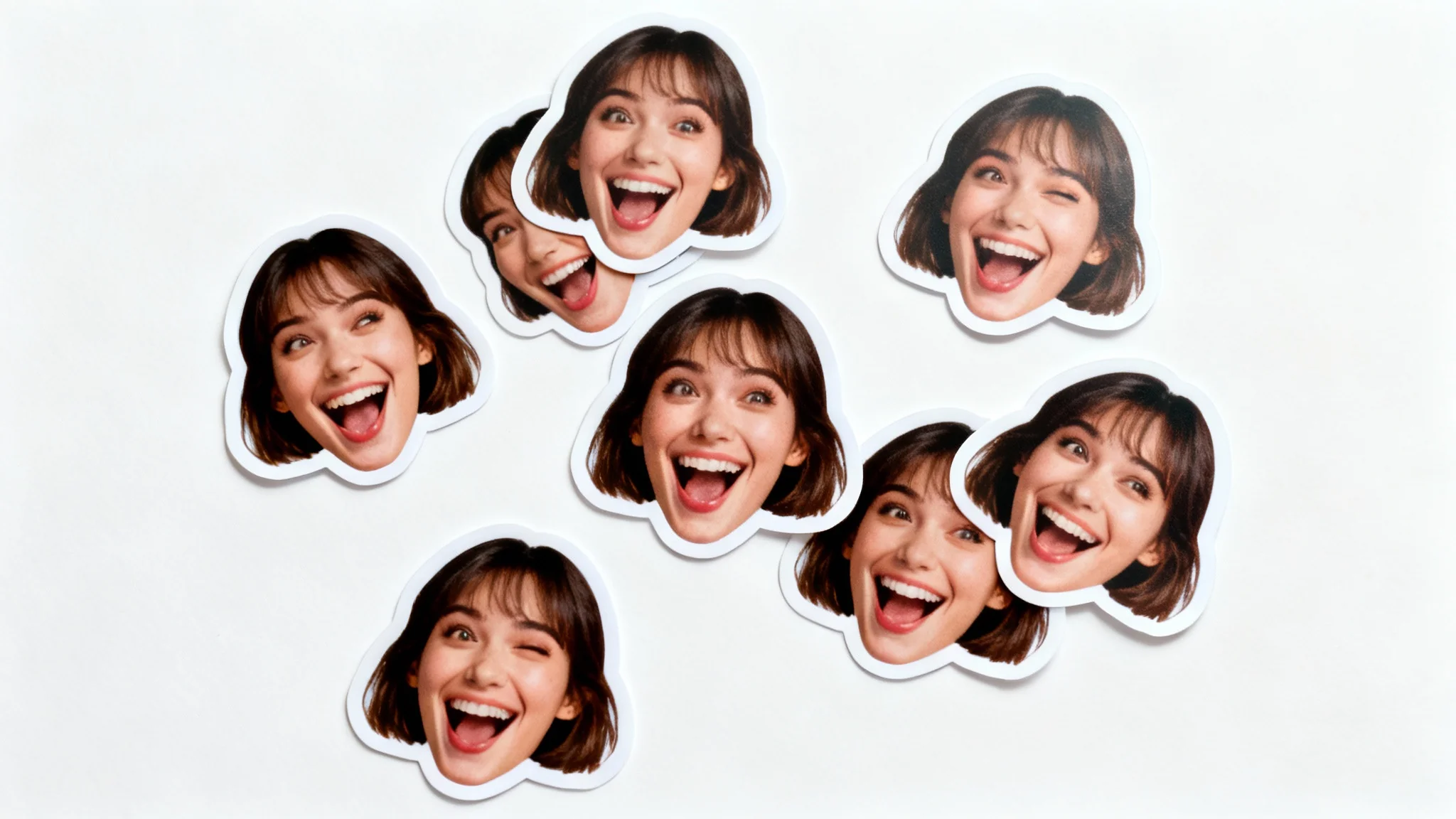 A mockup of several custom face stickers featuring a woman with a funny expression, scattered on a plain white background.