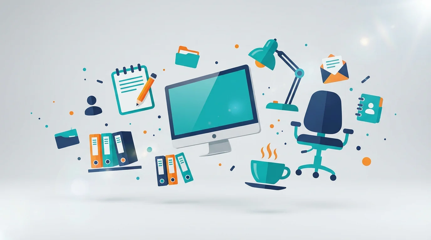 A collection of modern, flat-style office icons, including a computer, lamp, and chair, floating dynamically against a light gray background in a professional product showcase.