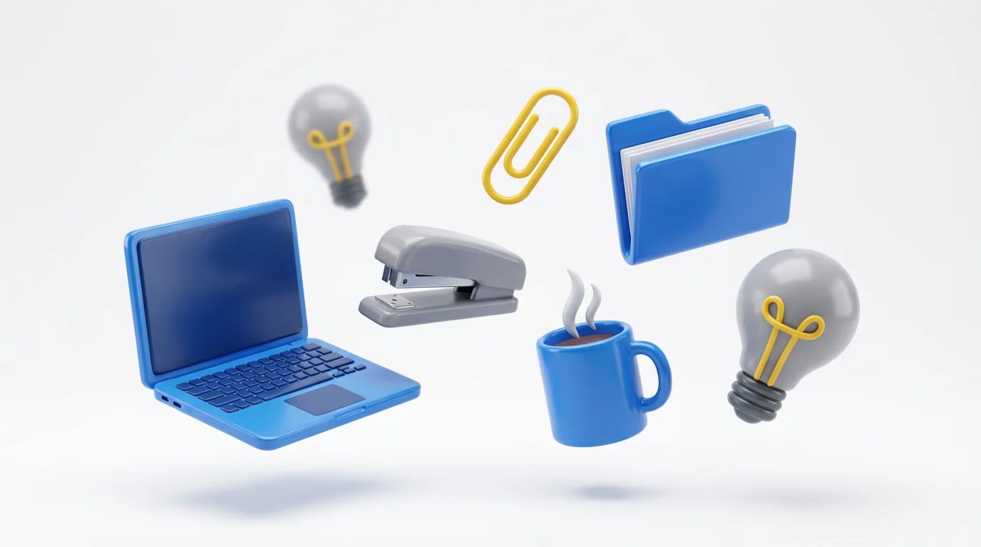 A collection of colorful 3D office icons, including a laptop, coffee mug, and lightbulb, arranged neatly on a plain white background.