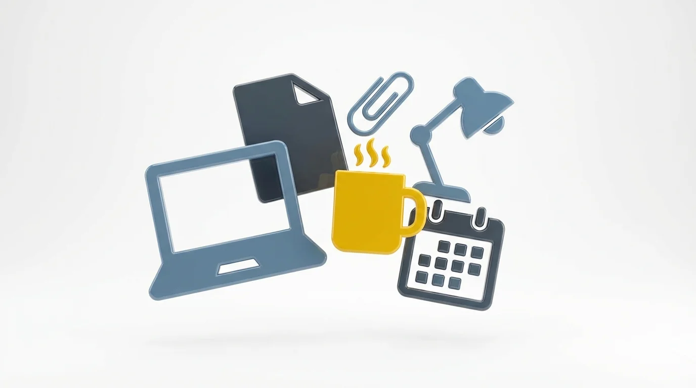 A collection of modern, 3D-rendered office icons, including a laptop, document, and coffee mug, in blue, gray, and yellow, floating on a white background.
